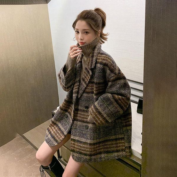 

harajuku woolen plaid jacket female korean version of the school long section ladies coat 2021 winter leisure loose warm jackets, Black
