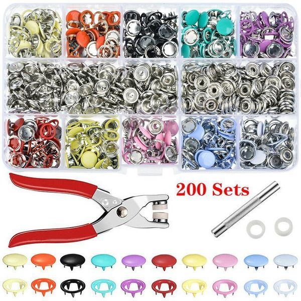 

100/200 set 10 color metal sewing buttons hollow/solid prong press studs snap fasteners + clip pliers sewing tool diy clothes1, Black