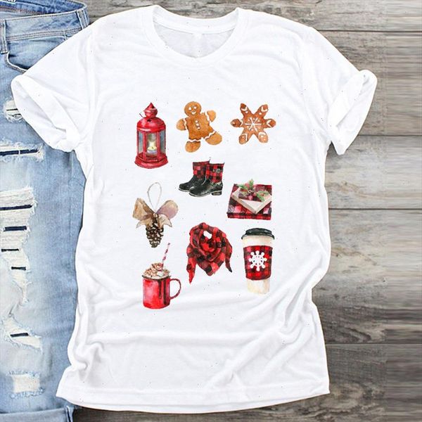 

women cartoon plaid coffee cookies holiday merry christmas print clothes graphic t shirt ladies female tshirts tee t shirt, White
