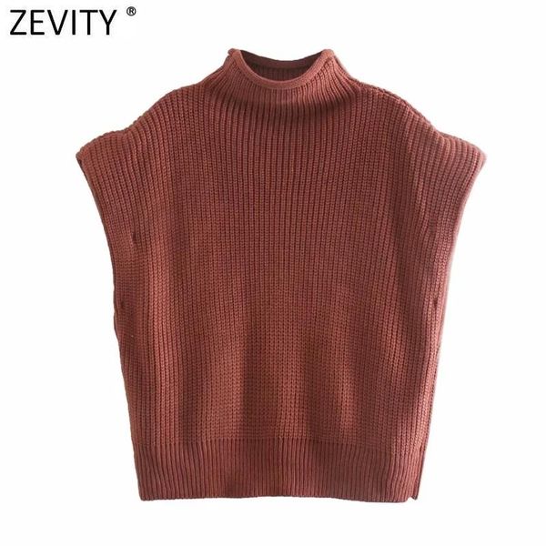 

zevity new women high street shoulder padded design solid short knitting sweater femme chic sleeveles casual pullovers s533, White;black