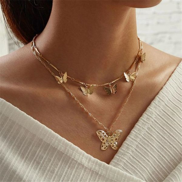 

women fashion butterfly pendant double layer necklace gold color statement choker necklace for women jewelry gifts
