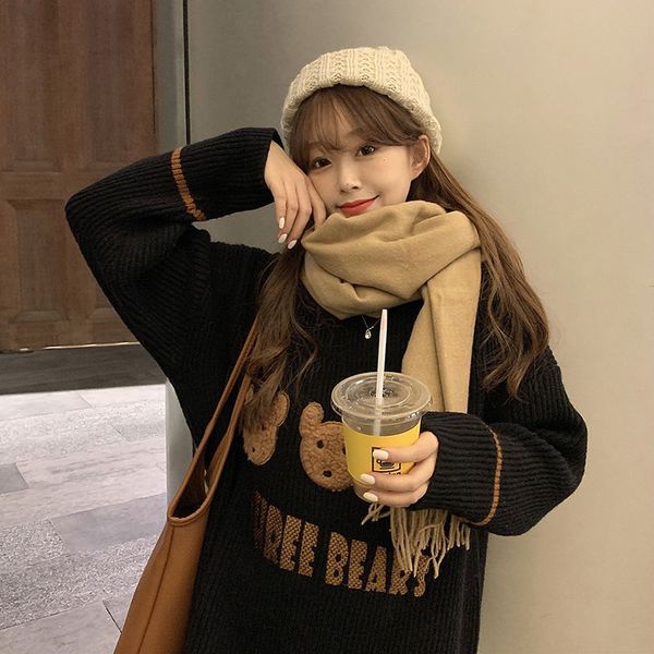 

autumn 2021 and winter new the wild female red loose lazy bear pattern pulley tide sweater 1 qpad, White;black