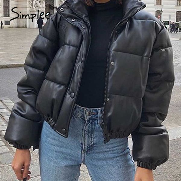 

simplee leisure high street style women's coat warm thick fashion leather parkas autumn winter women's high collar jacket 201014, Black