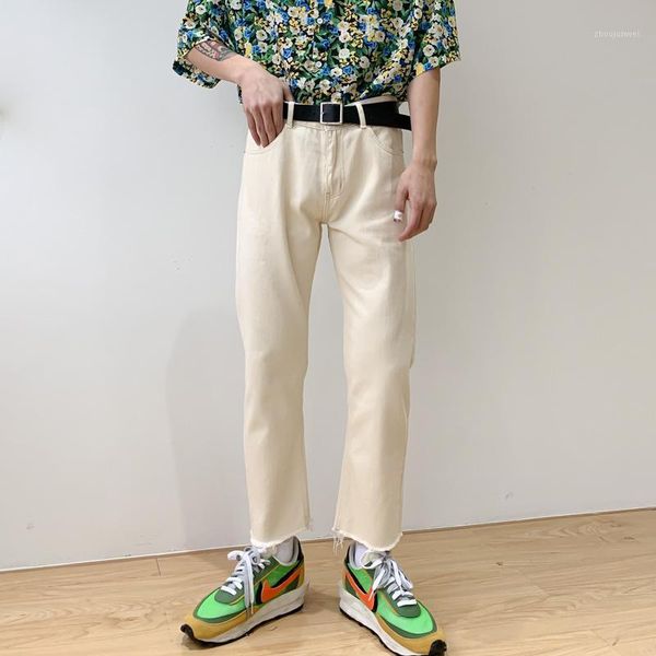 Mulheres masculinas japão korea streetwear vintage moda unissex jeans calça homens quebrados hem casual ankle dinim calças jeans homens