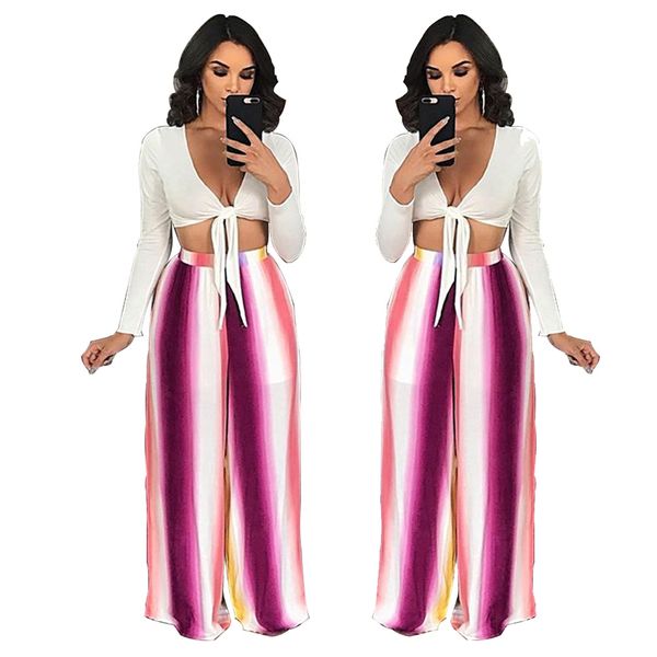 

fashion color striped printed wide leg pants women cargo pants, Black;white