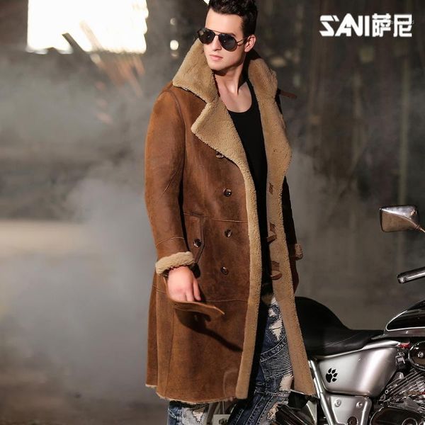 

natural sheepskin fur coat male double breasted long genuine leather garment winter real fur overcoat men turn-down collar1, Black