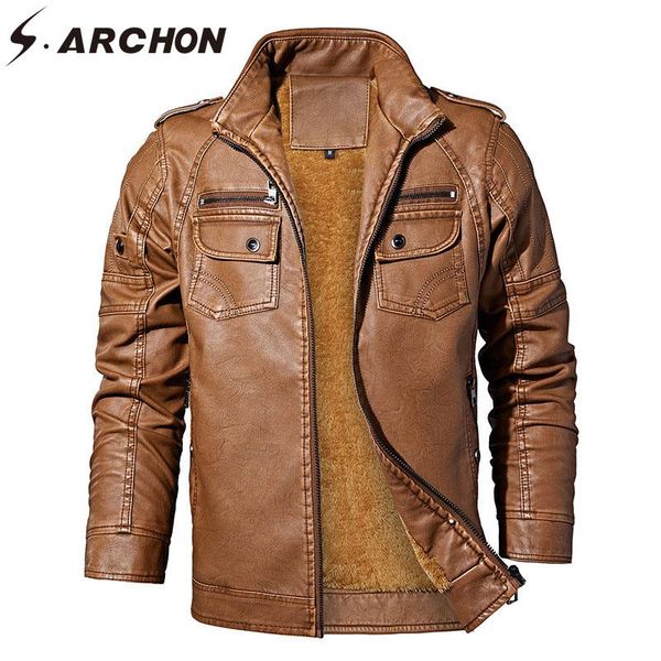 

men's jackets s.archon winter fleece leather jacket men solid bomber warm thick fur biker motorcycle pilot faux coats, Black;brown