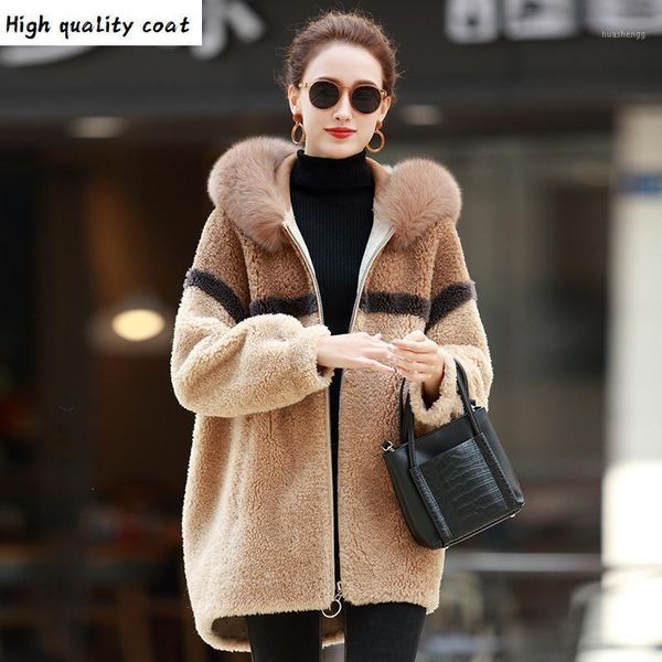 

100% hooded female collar genuine wool fur coat korean simple jacket 2020 women's coats casacos zjt7431, Black