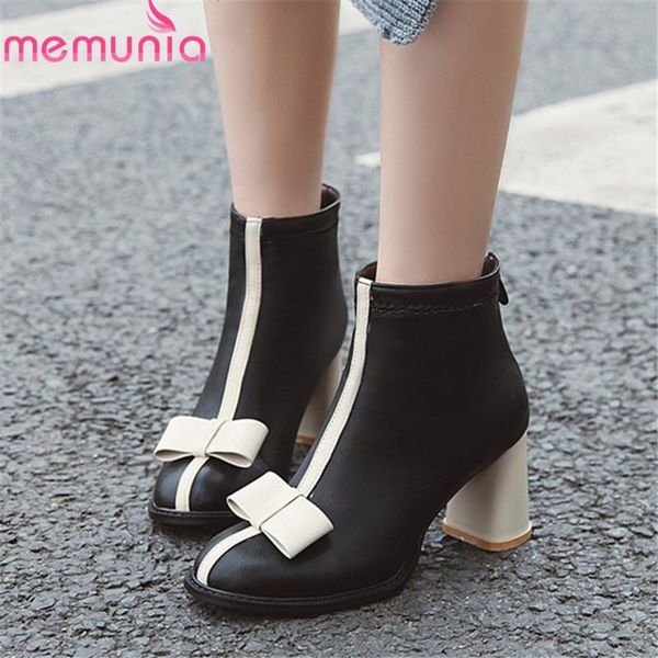 

boots memunia 2021 ankle women round toe autumn winter bowknot zip high heels party wedding shoes ladies, Black