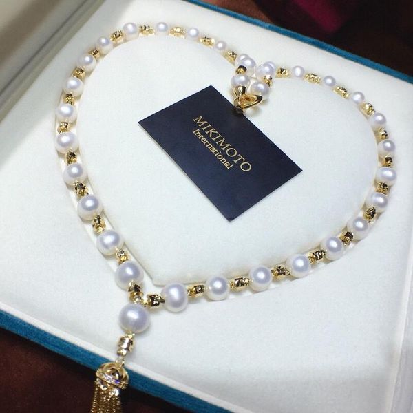

chokers natural freshwater pearl necklace 9-10mm less flaws good skin exquisite and elegant, Golden;silver
