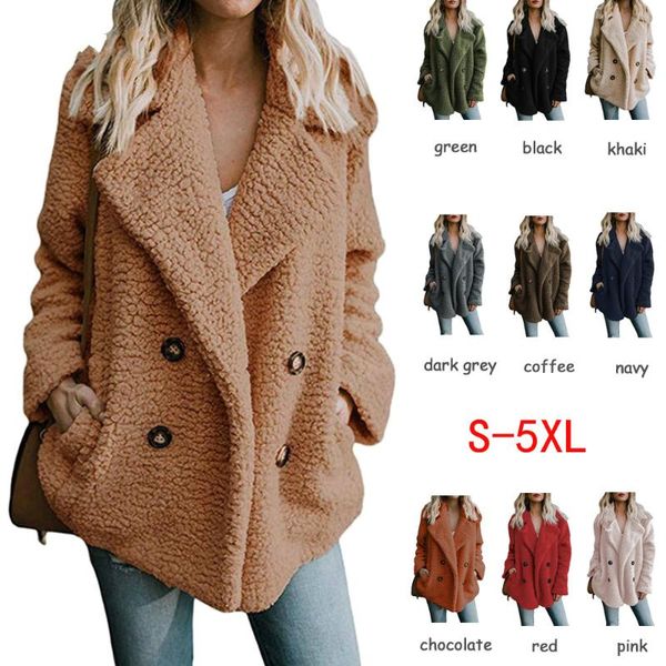 

lamb cashmere coat women winter jackets lapel double-breasted loose overcoat warm hairy jackets female long sleeve coats, Black