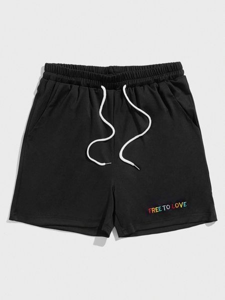 

romwe guys letter embroidery drawstring shorts 5`` f7fg#, Black