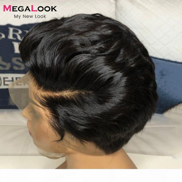 

13x4 lace front wig short pixie cut human hair wig pre plucked for black women megalook remy brazilian straight hair 180%, Black;brown
