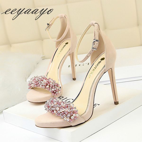 

2019 new summer women sandals high thin heel buckle solid pearl fashion ladies women shoes pink female high heels sandals y200702, Black