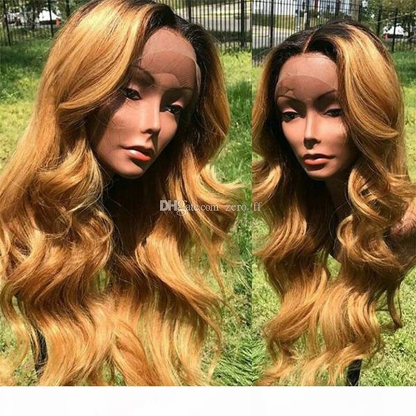 

ombre honey blonde фронта шнурка человеческих волос парики body wave 150% 180% плотность бразильский remy человеческих волос полный парик шн, Black;brown