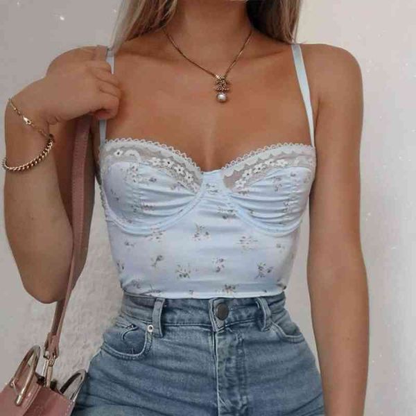 

40 sweet floral print camis lace patchwork summer camis with thin strap backless cute sleeveless crop outfits, White