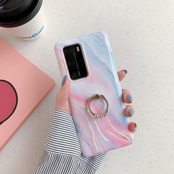 

for huawei p40 laser marble pattern tpu protective case with ring holder