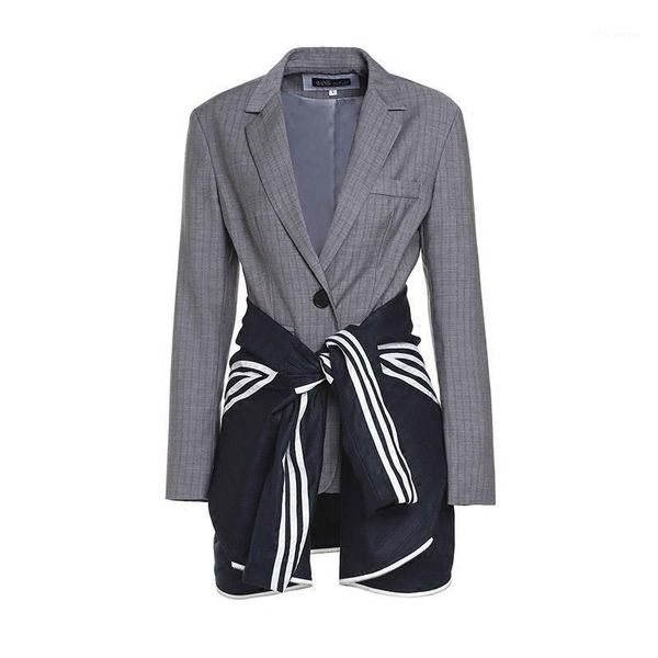 

ewq] long sleeve fake two-piece gray stripe modern lady blazer high-quality stitching trend coat feminino 2019 autumn new je9821, White;black