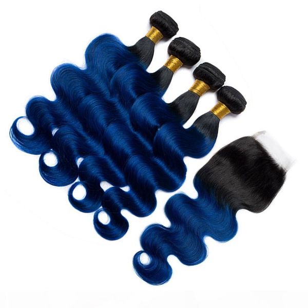 

#1b blue body wave peruvian human hair weaves with closure 4bundles ombre dark blue virgin hair wefts with 4x4 lace front closure, Black;brown