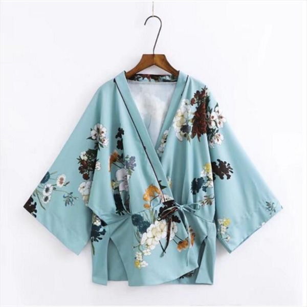 

vintage bow tie waist flower print kimono shirt woman long sleeve cross v neck batwing sleeve blouse femme blusas, White