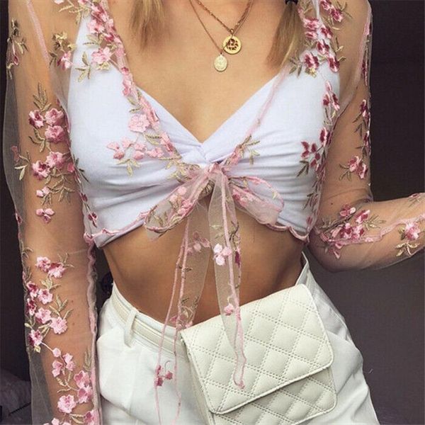 

sheer mesh blouse women ladies floral embroidered see through crop fancy summer beach casual sunscreen deep v female, White