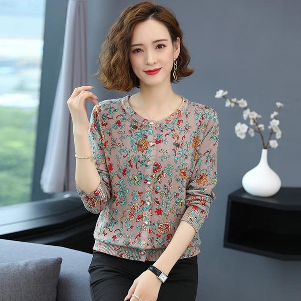 

women's knits & tees women floral cardigan autumn elegant printing knitwear long sleeve female buttons up knit coat, White