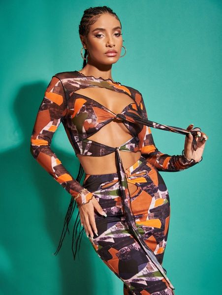 

allover print cut out tie front lettuce trim crop mesh i0jm#, White