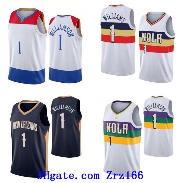 

men basketball new city orleans team 1 zion williams white blue red 2020-21 city sleeveless jersey and shorts, Black;red