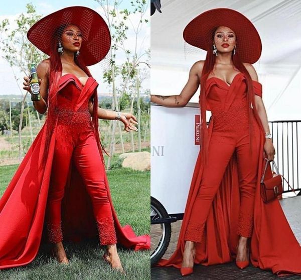 

red off shoulder jumpsuits evening dresses overskirt pearls ruched ankle length satin celebrity dress outfit formal prom gowns1, White;black
