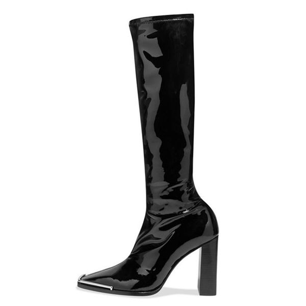 

boots fashion metal square toe women knee high elastic patent leather long 9cm chunky heel botas mujer dress shoes, Black