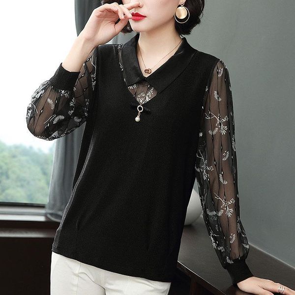 

women's blouses & shirts women spring autumn style chiffon casual long sleeve flower printed patchwork blusas zz0577, White