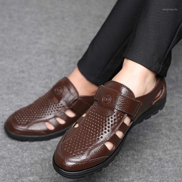

sandals drop genuine leather men shoes fretwork breathable fisherman style gladiator soft bottom summer classics1, Black
