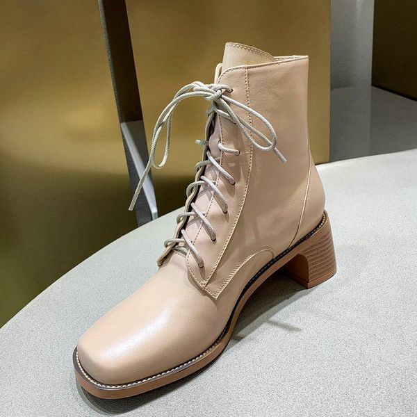 

black beige brown genuine leather lace-up ankle boots for women autumn winter combat boots fashion square toe casual short