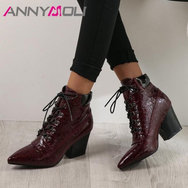 

boots annymoli winter ankle women lace up thick high heel short pu leather pointed toe shoes female autumn plus size 34-43, Black