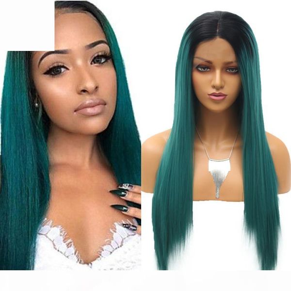 

quinlux wigs ombre green straight synthetic lace front wigs heat resistant fiber cosplay african hair middle parting for women, Black