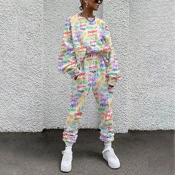 

tie dye pattern print women two piece pants autumn tracksuit loose loungewear sportswear elastic waist casual top, White