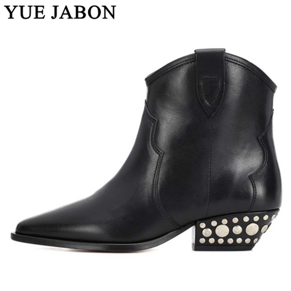 

boots est pointy toe chunky heels ankle for women real leather suede short autumn winter shoes woman botas cowboy mujer, Black