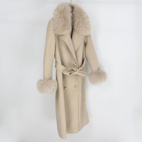 Oftbuy Kruvaze Kaşmir Yün Karışımları Gerçek Kürk Kış Ceket Kadınlar Doğal Fox Kürk Yaka Ve Manşetleri Streetwear 201103