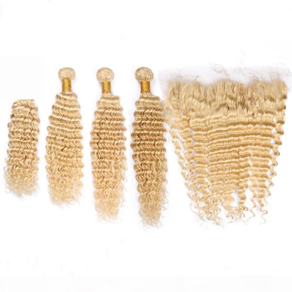 

malaysian bleach blonde hair weft extensions with frontal deep wave #613 blonde virgin human hair 4bundles with full lace frontal 13x4, Black;brown