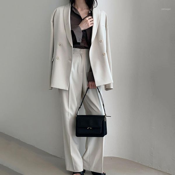 

loose women blazer sets double-breasted jacket & wide leg pants fashion fall clothes knitted korean version pant suits1, White;black