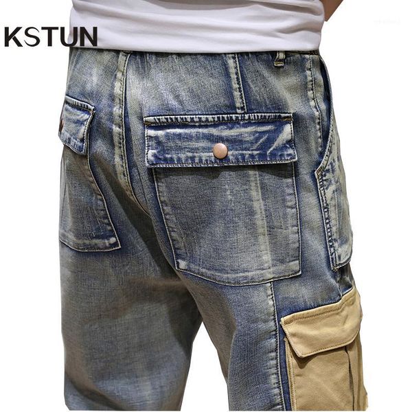 

men's jeans kstun mens with side pockets cargo stretch denim pants multi-pocket male relaxed joggers oversize size 40 421, Blue