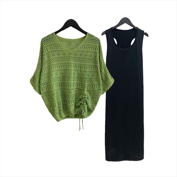 

2020 summer new casual women green hole hollow out knitted blouse thin bat sleeve sleeveless dress two 2 piece set holiday beach, Gray
