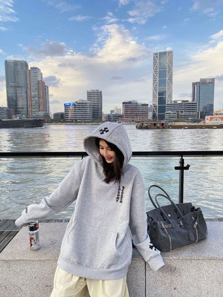 

winter autumn 2020 / crosin plush thickened litchi skin cross embroidered hooded sweater for men and women, Gray