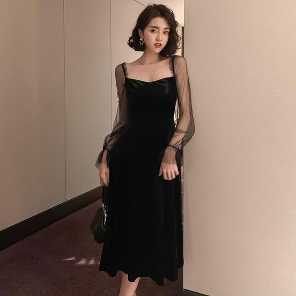 

casual dresses 2021 black mesh patchwork flare sleeve velvet dress lady bandage bodycon vintage party a-line autumn women, Black;gray