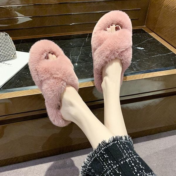 

shoes slippers casual low slipers women slides loafers flock fur flip flops luxury flat 2020 plush rubber rome with fur short, Black