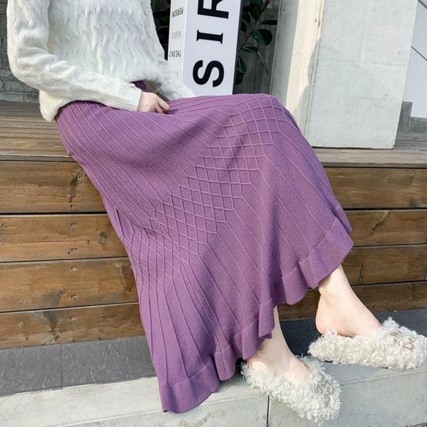 

winter cashere blend solid purple beige a-line long knit skirts rib cross line rib knitted flounced hem calf long skirts, Black