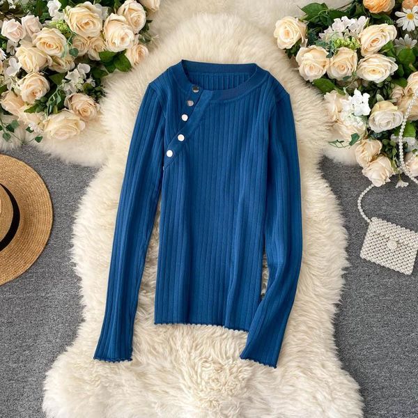 

fashion buttons o-neck sweater women autumn slim solid knitted pullovers long sleeve ladies jumpers 20201, White;black