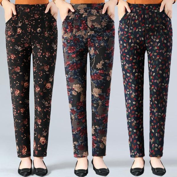 

middle aged and old women casual plus size high elastic waist pencil pants female printed thick warm long straight trousers q1661, Black;white