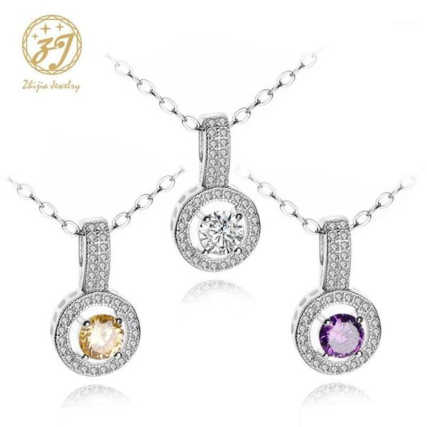 

chains zhijia brand jewelry luxury full crystal three colors zircon round pendant necklace for women party gifts1, Silver
