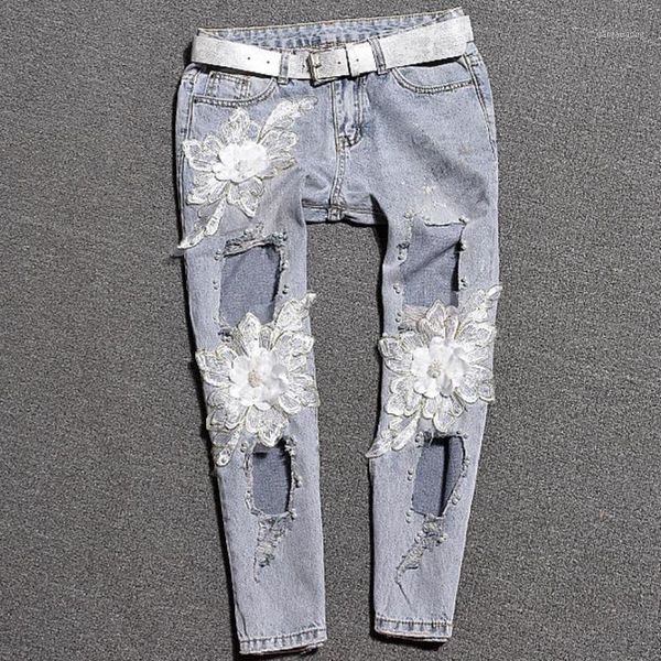 

2020 new hole ripped flower sequin jeans women mid waist vintage slim casual loose ankle length denim pants1, Blue